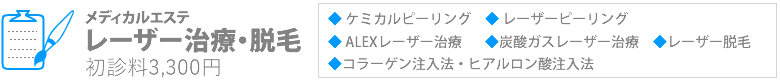 メディカルエステ…ケミカルピーリング / レーザーピーリング / ALEXレーザー治療 / 炭酸ガスレーザー治療 / レーザー脱毛 / コラーゲン注入法・ヒアルロン酸注入法